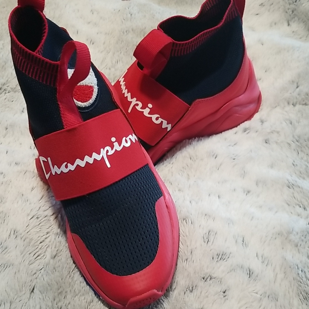 CHAMPION SNEAKERS Sz 7Y Red W/bl&wh Logo, EUC, High Top Runners, 11.5" Bottom